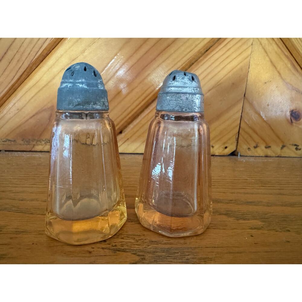 Vintage Amber Glass Salt Pepper Shakers Metal Lids Depression Style Pair